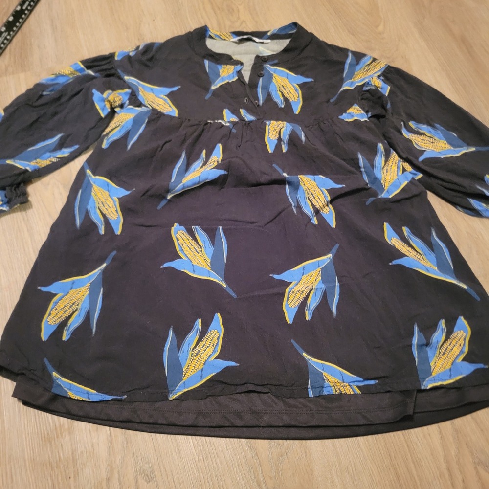 Compañía Fantástica Women Tunic 8 Navy Viscose Corn Print Boho Babydoll Blouse